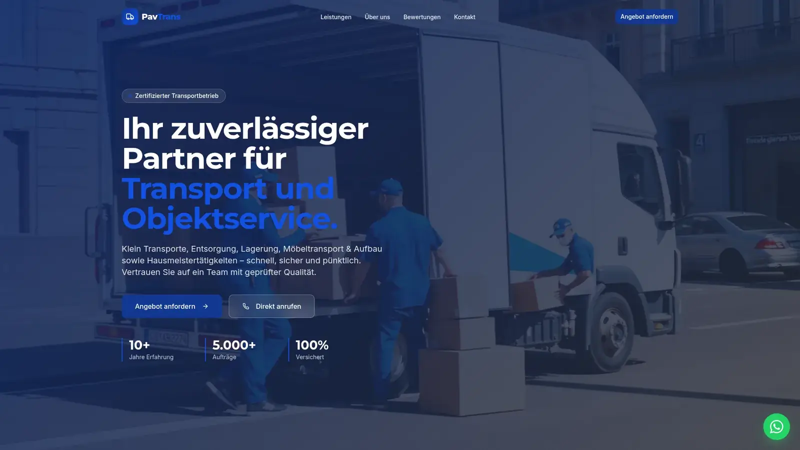 Screenshot der responsiven PavTrans Website – modernes Webdesign für ein Transport- und Logistikunternehmen mit klarer Lead-Generierung